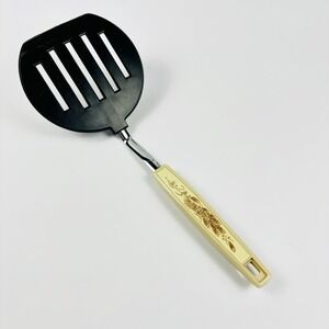 VTG Wide Slotted Spatula By KOCO Japan Black Nylon Wheat Floral Graphics